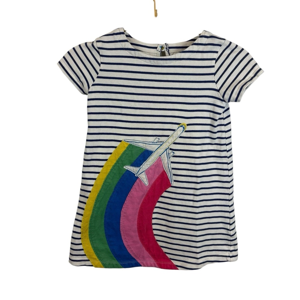 Mini Boden Airplane Dress Appliqué  Short Sleeve Cream  Striped Size 6-7 Yrs